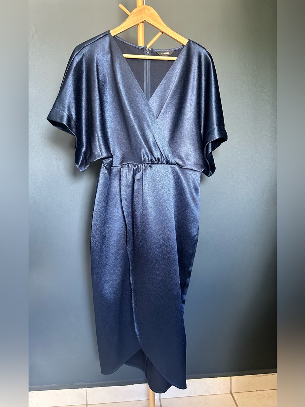 Express Navy Satin Midi Dress Faux Wrap - Picture 2 of 12
